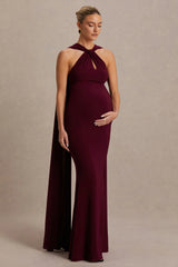 Lyra | Burgundy Cross Halter-Neck Maxi Dress With Cape