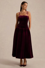 Violetta | Burgundy Velvet Bandeau Midi Dress With Drop-Waist And Gathered Skirt