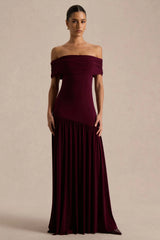 Venezia | Burgundy Bardot Maxi Dress With Drop-Waist
