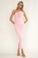 She Just Knows Ruched Flower Bust Maxi Dress Pink