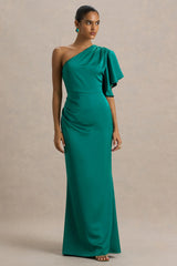 Unforgettable | Bottle Green Asymmetric-Neck Maxi Dress With Ruched Detailing