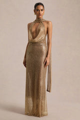 Anele | Gold Sequin High-Neck Maxi Dress With Sash And Open-Back