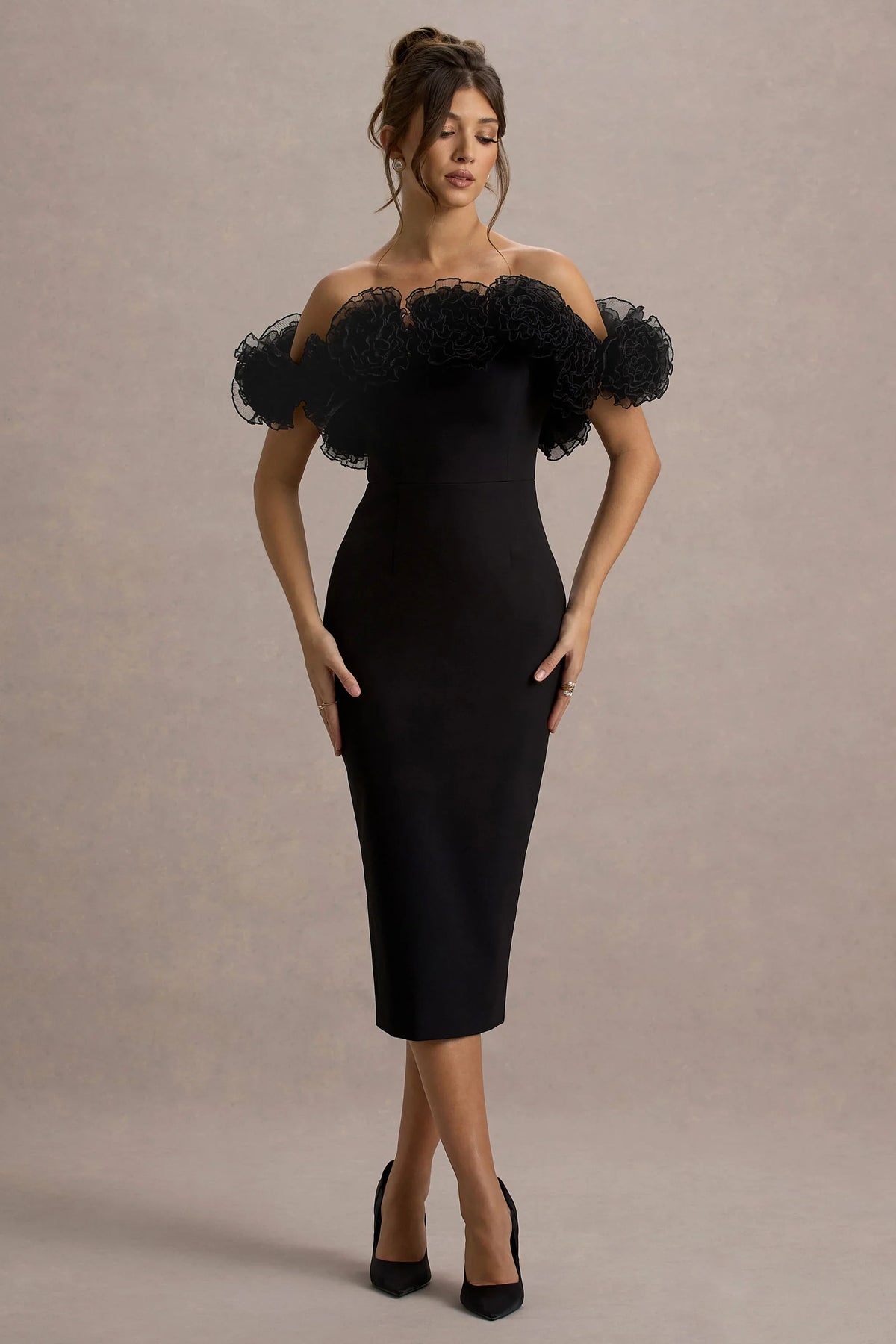 Alizzi | Black Bardot Midi Dress With Ruffle Trim