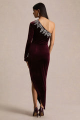Nyssa | Burgundy Embellished Asymmetric-Neck Maxi Dress