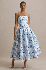 Alaina | Blue Porcelain Print Bandeau Midi Dress With Volume Skirt