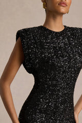 Aurah | Black Sequin Crew-Neck Maxi Dress With Cap Sleeves