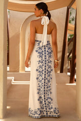 Arula | White & Blue Print Halter-Neck Maxi Dress