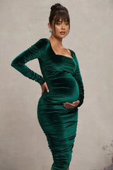 New Life | Bottle Green Velvet Maternity Square Neck Ruched Midi Dress