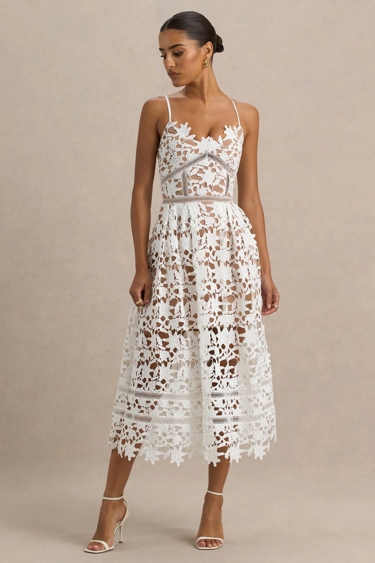 Zuri | White Lace Sweetheart Midi Dress With Cami Straps