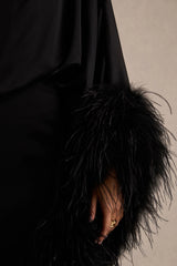 Felicity | Black Satin Asymmetric-Neck Maxi Dress With Feather Detailing