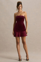Valentina | Burgundy Bandeau Velvet Mini Dress With Pleated Detailing