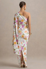 Aliana | Peach And Lilac Floral Print Asymmetric Maternity Maxi Dress With Ruched Detailing