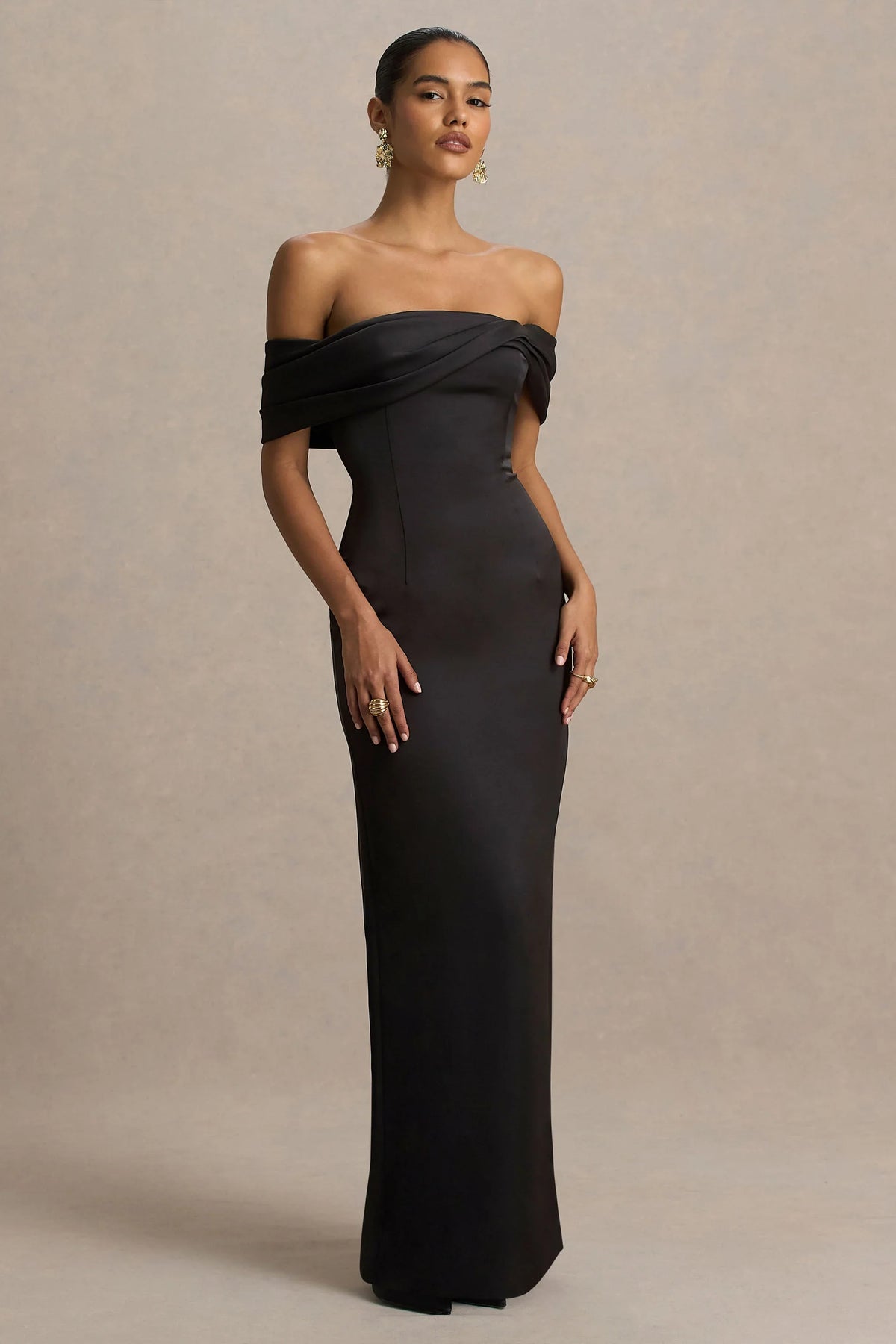 Valeria | Black Satin Twist-Bardot Neck Maxi Dress