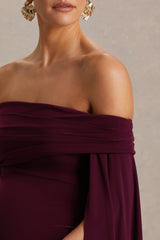 Aquila |  Burgundy Bardot Maternity Maxi Dress With Drape Sleeve