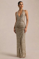 Gio | Champagne Sequin Plunge-Neck Wrap Maxi Dress With Ruched Detailing