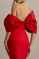 Lucille | Red Asymmetric Bardot Midi Dress
