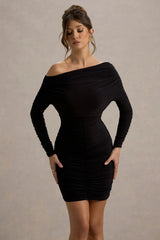 Zhara | Black Ruched One-Shoulder Bodycon Mini Dress