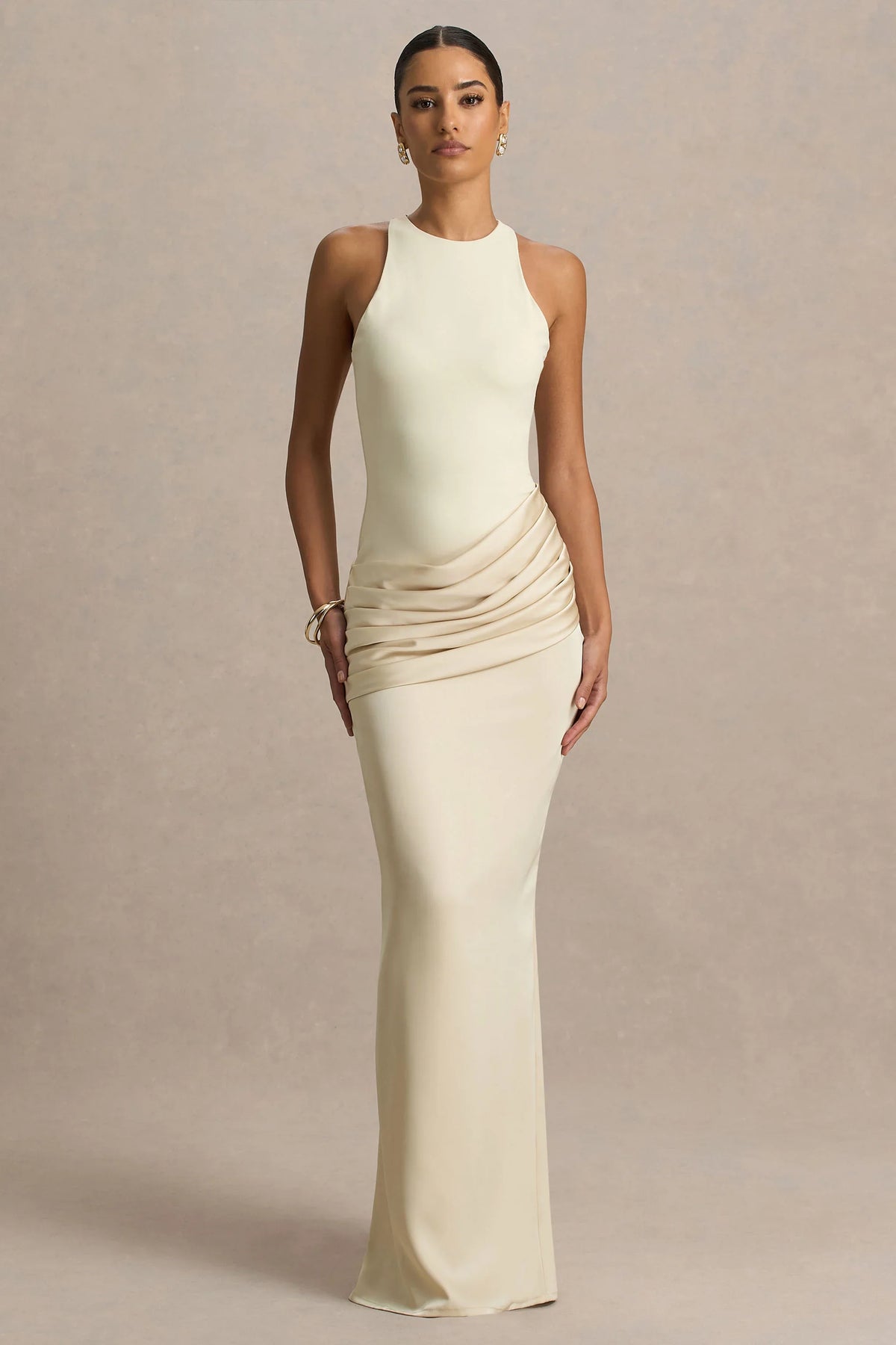 Akari | Champagne High-Neck Maxi Dress With Satin Skirt
