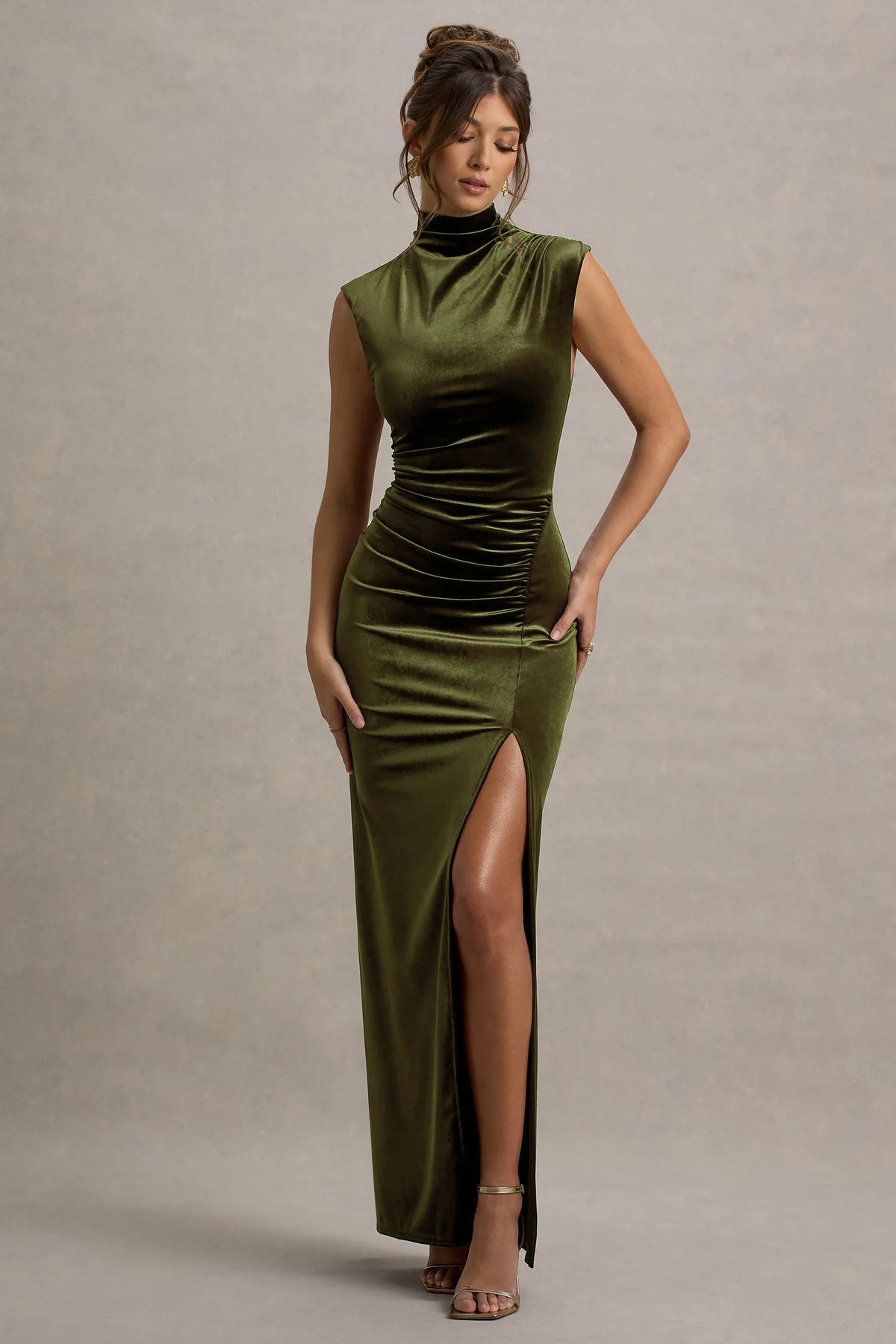 Abilene | Olive Velvet High-Neck Split Maxi Dress