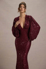 Kaelin | Berry Sequin Plunge-Neck Maxi Dress