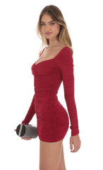 Ruched Long Sleeve Bodycon Dress in Maroon