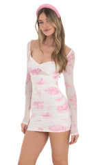 Mesh Pink Floral Ruched Dress in White