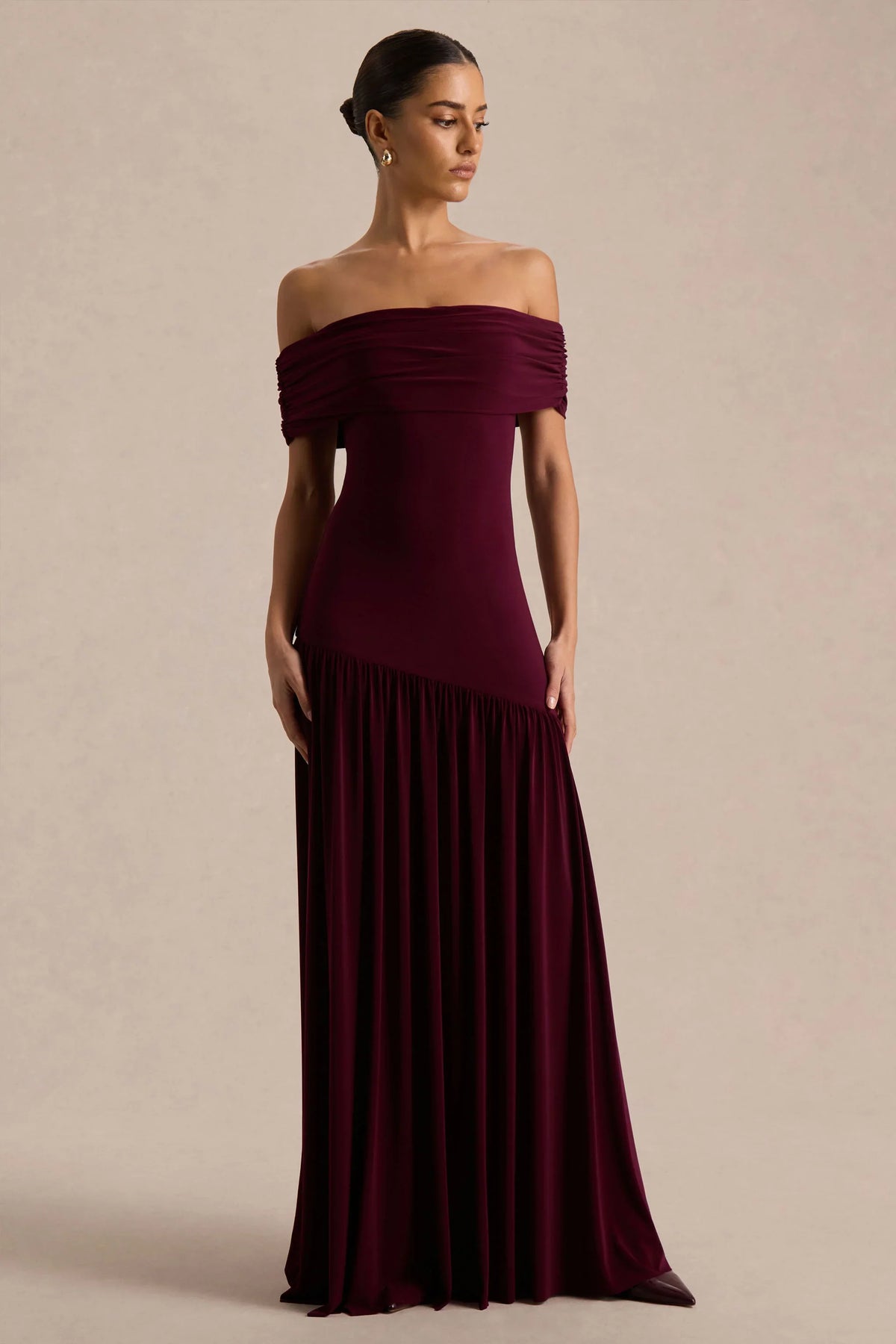 Venezia | Burgundy Bardot Puff-Skirt Maxi Dress