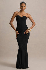 Talisa | Black Ruched Fishtail Maxi Dress With Mesh Hem