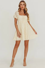 Dandelions Puff Sleeves A-Line Mini Dress Cream