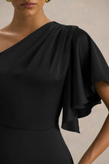 Unforgettable | Black Asymmetric-Neck Maxi Dress With Ruched Detailing