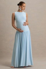Outline | Powder Blue Maternity Maxi Dress With Draped Skirt