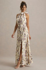 Talia | Lemon Floral Print High-Neck Split Maxi Dress With Bow