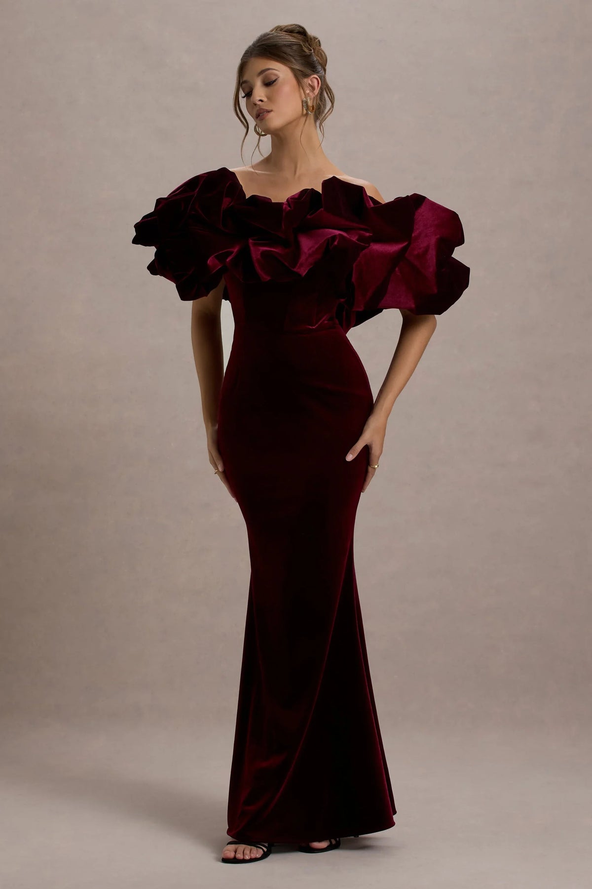 Cecily | Port Velvet Bardot Maxi Dress With Velvet Ruffle Trim