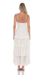 Ruched Ruffle Eyelet Maxi Dress in White