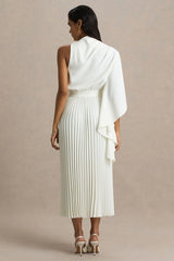 Jimena | Cream High-Neck Midi Dress With One-Long Sleeve And Pleated Detailing