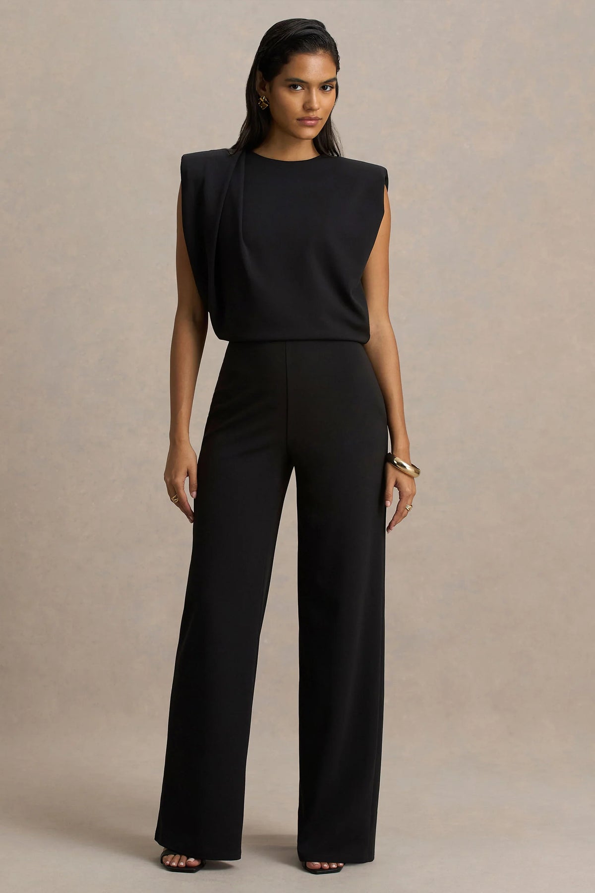 Tiff | Black Crew-Neck Jumpsuit With Draped Detailing