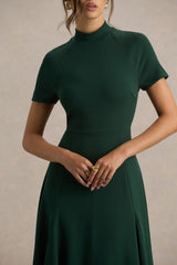 Alea | Dark Green High-Neck Short-Sleeve Maxi Dress