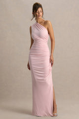 Daphne | Pink Asymmetric-Neck Maxi Dress With Ruched Detailing
