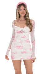 Mesh Pink Floral Ruched Dress in White