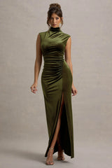Abilene | Olive Velvet High-Neck Split Maxi Dress