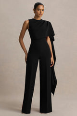 Sorenia | Black High-Neck Jumpsuit With One-Cape Sleeve