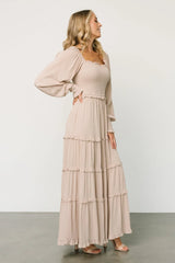 Amanda Smocked Dotted Maxi Dress | Beige