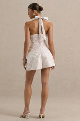 Sharie | Cream Floral Print Jacquard Halter-Neck Playsuit With Cut-Out Detail