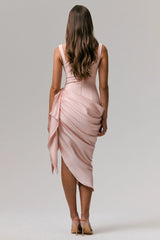 Letitia | Pale Pink Square-Neck Floral Detailed Wrap Midi Dress