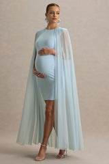 Charlene | Powder Blue High-Neck Maternity Mini Dress With Mesh Cape