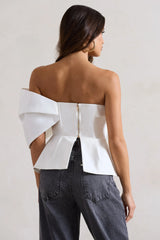 Mayfair | White Asymmetric Bardot Top With Peplum Hem