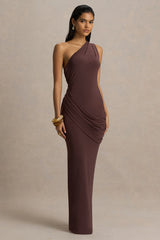 Elisa | Brown Asymmetric-Neck Maxi Dress With Open-Back And Ruched Detailing