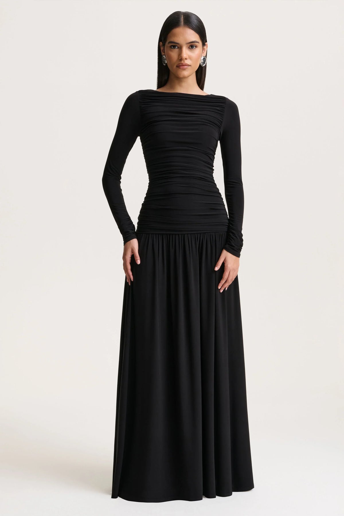 Aniyah | Black High-Neck Maxi Dress With Ruched Detailing