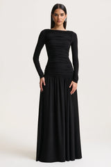 Aniyah | Black High-Neck Maxi Dress With Ruched Detailing