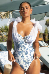 Sheer Bliss | Blue Porcelain Print Swimsuit With Organza Bows